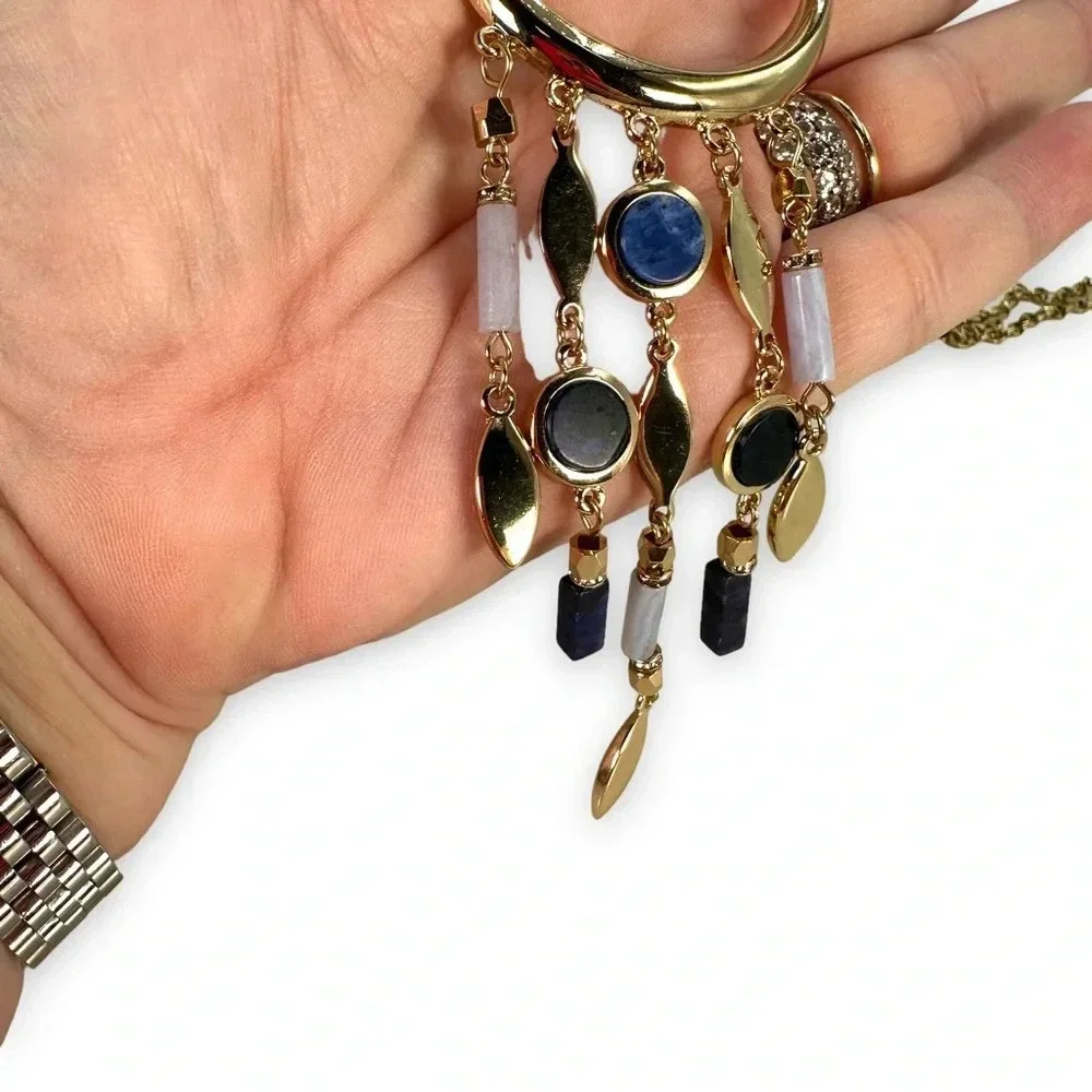 White House Black Market Long Necklace Dangle Fringe Gold Blue Adjustabl…